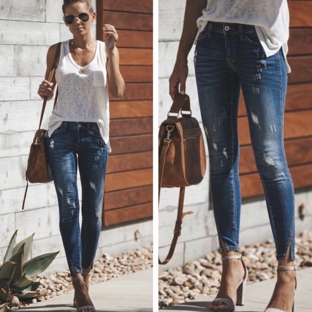 KanCan || Vented Hem Skinny Dark Medium Jeans - Picture 4 of 8